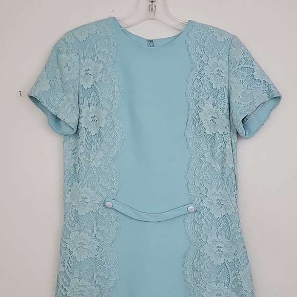 Vintage Blue & Lace Midi Short Sleeve Shift Dress By Jean Lang (Altered Waist) S - Picture 2 of 13